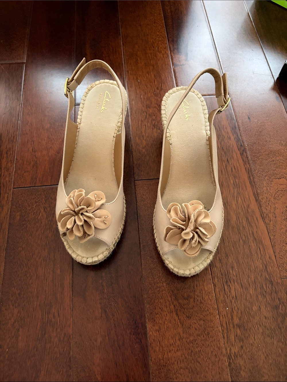Clarks Beige Floral Slingback Espadrille Wedges